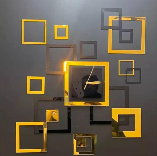 Square Shaped Silver & Golden Acrylic Clock For Wall Decor